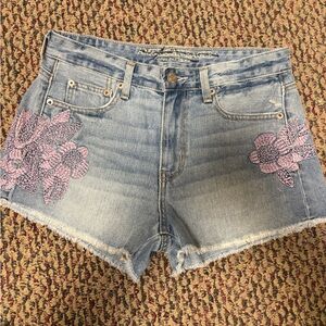 American Eagle  Blue denim shorts with pink Floral Embroidery
